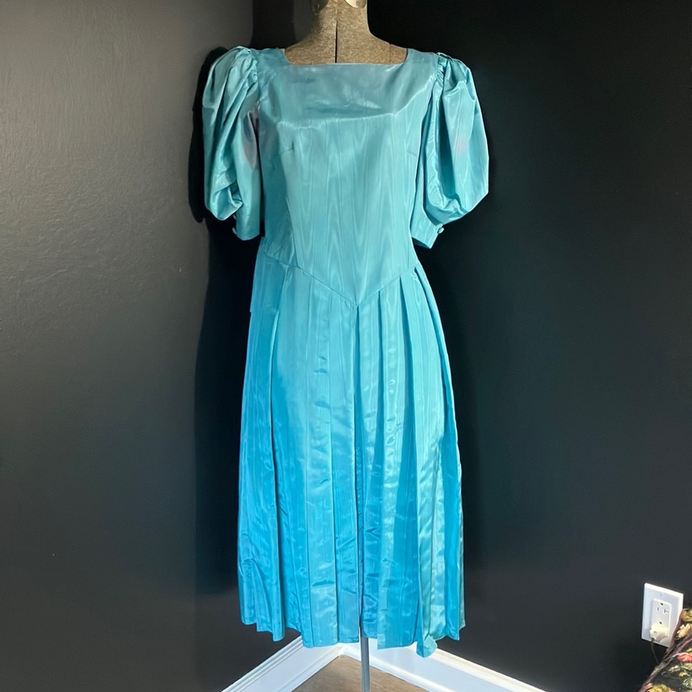 80s Style Blue / Turquoise Dress with Puff Sleeves & Bow